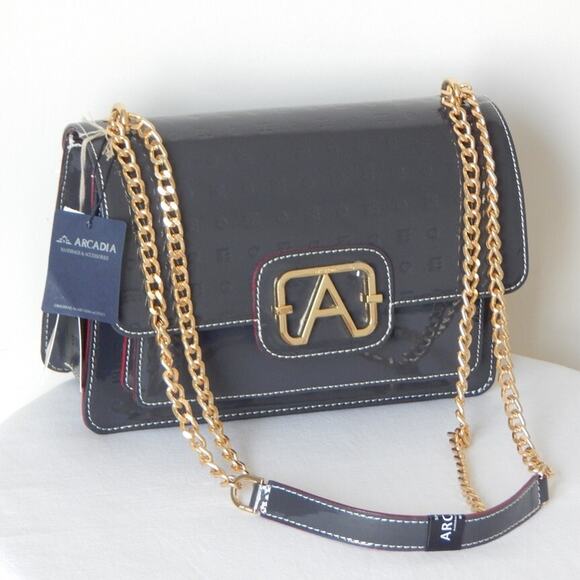 ARCADIA Genuine Patent Leather Flap Chain Crossbody Bag in Dark Grey Italy NWT - Picture 6 of 15